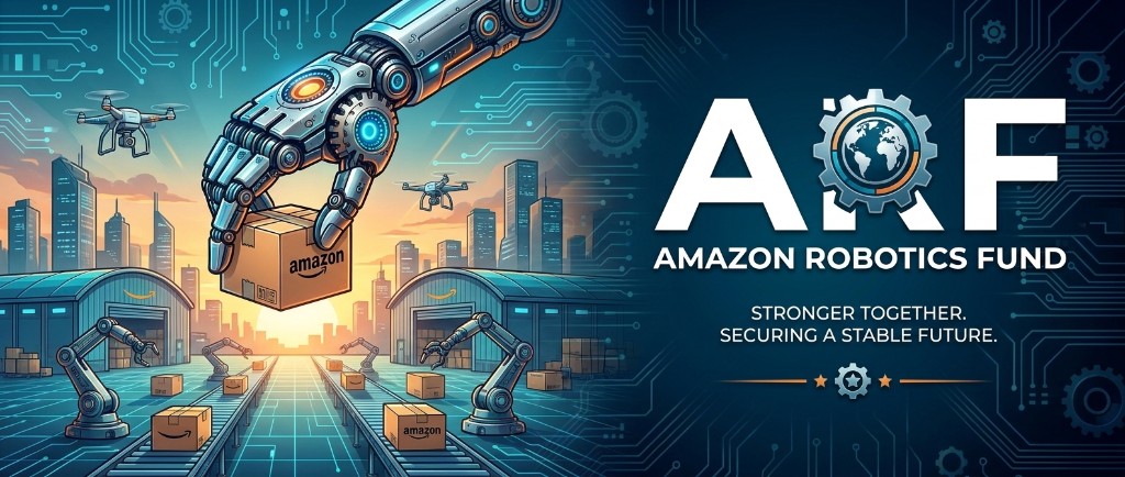 Amazon Robotics Fund — ARF branding banner with robotic warehouse and global gear logo